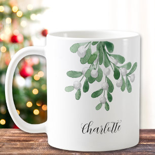 Taza De Café Nombre personalizado Mistletoe Greenery