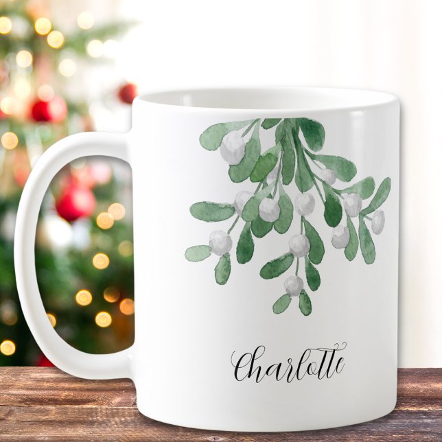 Taza De Café Nombre personalizado Mistletoe Greenery (Subido por el creador)