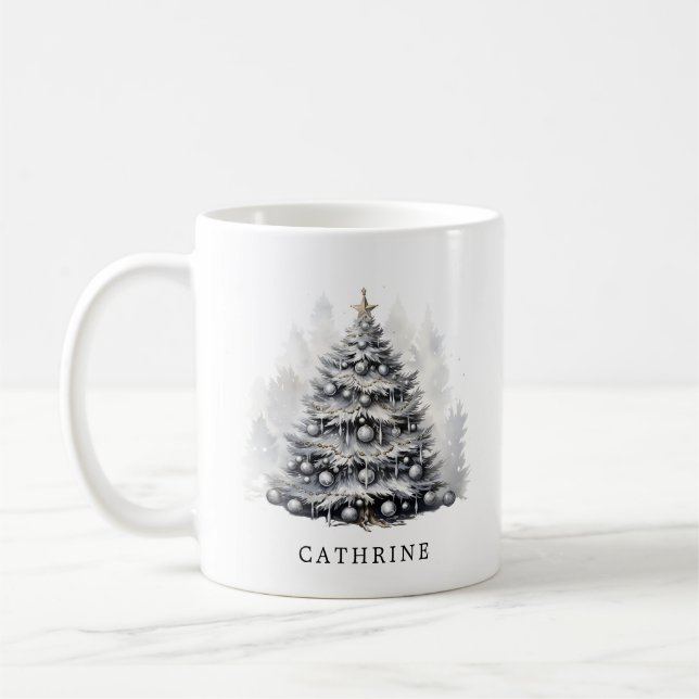 Taza De Café Nombre personalizado moderno Árbol de Navidad blan (Izquierda)