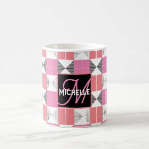 Taza De Café Nombre personalizado moderno rosa y negro geométri