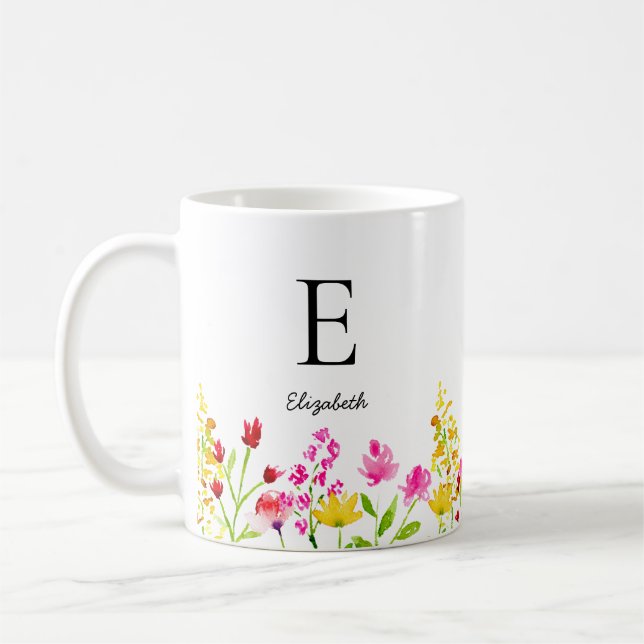 Taza De Café Nombre personalizado Monograma Flores silvestres (Izquierda)