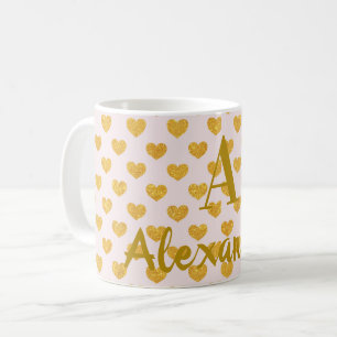 Taza De Café Nombre personalizado Monograma Gold Corazones rosa