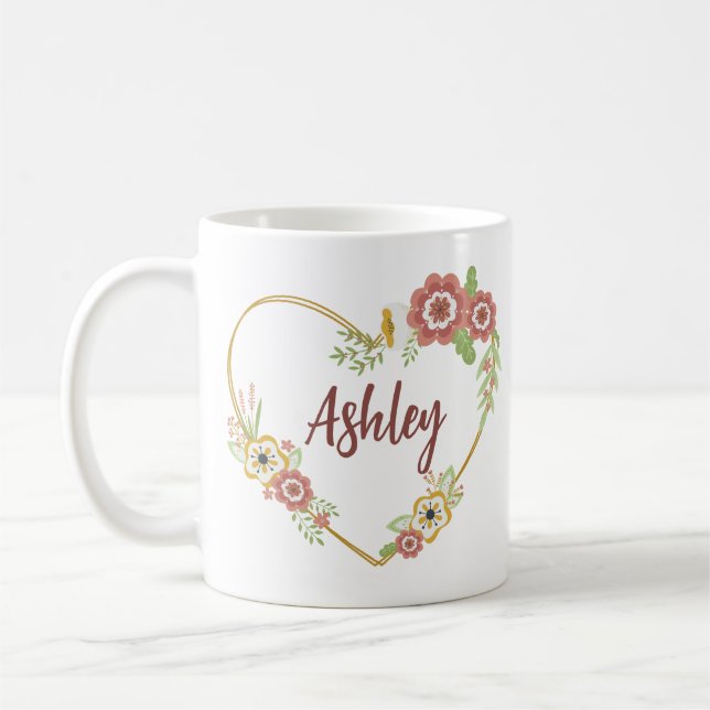Taza De Café Nombre personalizado Mug, Corazón floral personali (Izquierda)