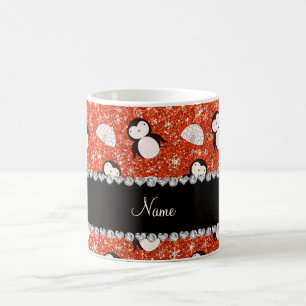 Taza De Café Nombre personalizado naranja purpurina pingüinos i