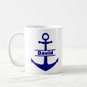 Taza De Café Nombre personalizado Nautical Blue Anchor Mug