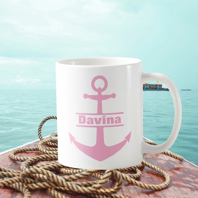 Taza De Café Nombre personalizado Nautical Pink Anchor Mug (Custom Name Nautical Pink Anchor Mug
)