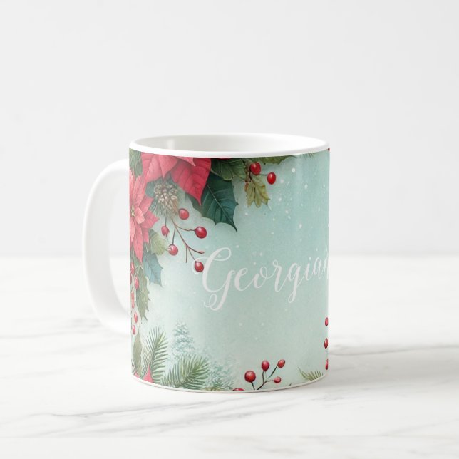 Taza De Café Nombre personalizado Navidades acuarela floral Poi (Anverso izquierdo)