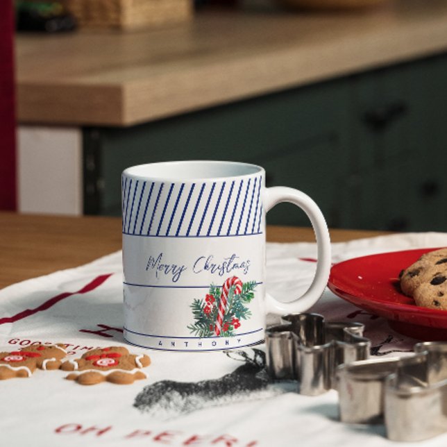 Taza De Café Nombre personalizado | Navidades Candy Cane & Blue (Subido por el creador)