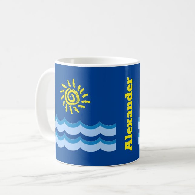 Taza De Café Nombre personalizado Olas azules amarillas de sol  (Anverso izquierdo)