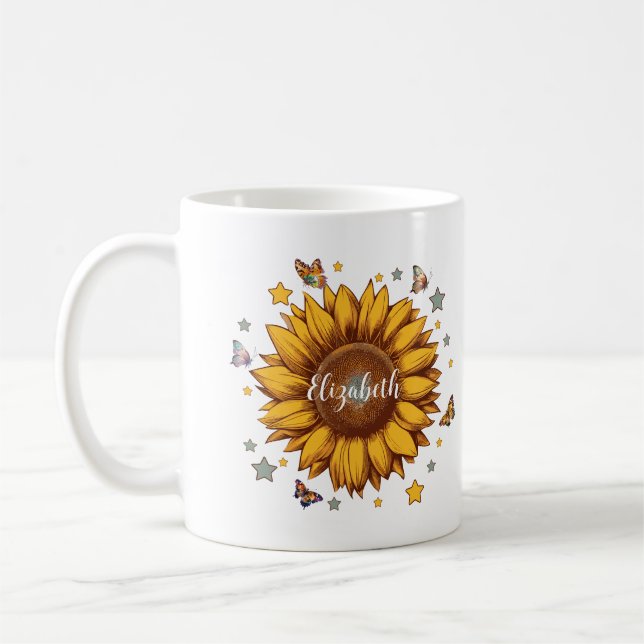 Taza De Café Nombre personalizado para regalo de girasol retro  (Izquierda)