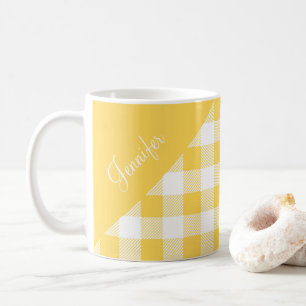 Taza De Café Nombre personalizado patrón de cuadros amarillos