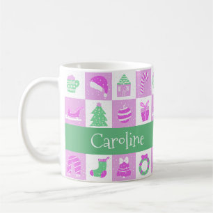Taza De Café Nombre personalizado Patrón navideño rosa capricho