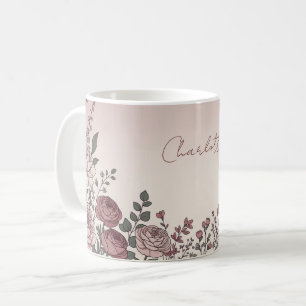 Taza De Café Nombre Personalizado Peonía Botánica Acuarela