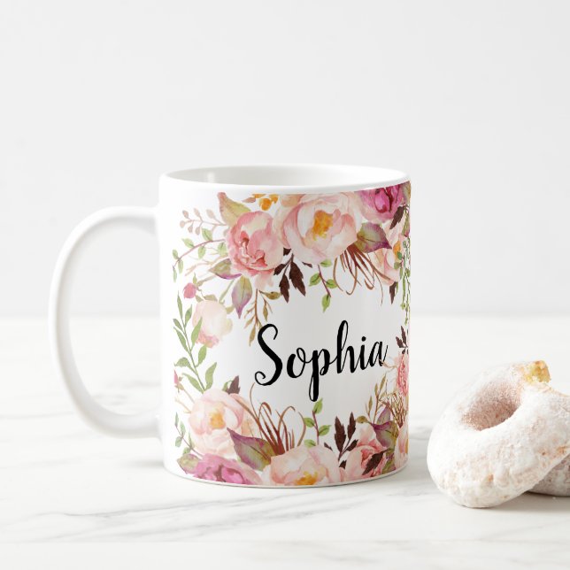 Taza De Café Nombre personalizado personalizado Floral Boho (Con donut)