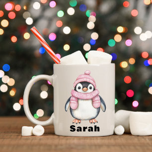 Taza De Café Nombre personalizado pingüino Gorra rosa personali