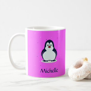 Taza De Café Nombre personalizado pingüino lindo en rosa