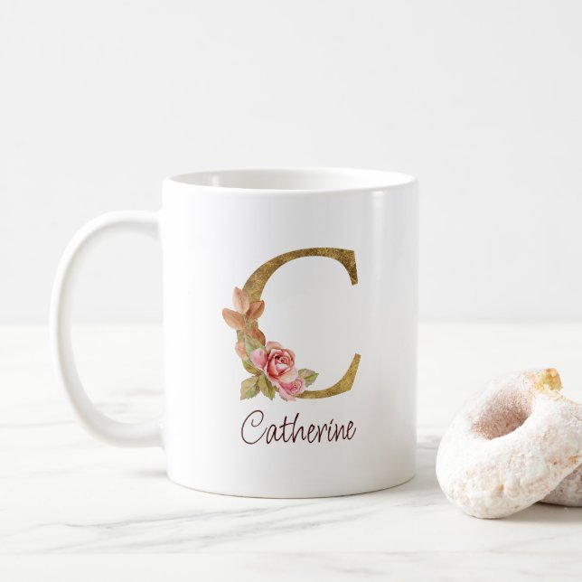 Taza De Café Nombre personalizado Relieve metalizado dorado Rub (Con donut)