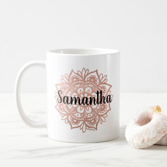 Taza De Café Nombre personalizado Rosa Gold Mandala Mug (Con donut)