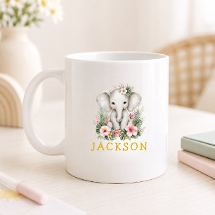 Taza De Café Nombre personalizado safari de elefante bebé jungl
