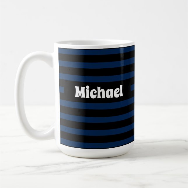 Taza De Café Nombre personalizado simple rayado oscuro azul y n (Izquierda)