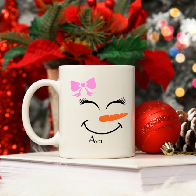 Taza De Café Nombre personalizado Snowgirl Pink Bow (Subido por el creador)