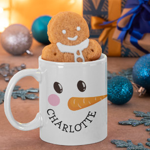 Taza De Café Nombre personalizado Snowman Face Holiday Chocolat