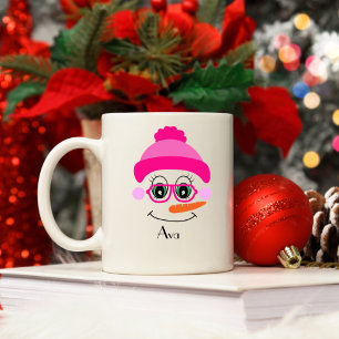 Taza De Café Nombre personalizado Snowman Snowgirl Pink Gorra