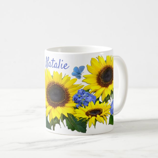 Taza De Café Nombre personalizado Sunflower and Hydrangea Coffe (Anverso derecho)