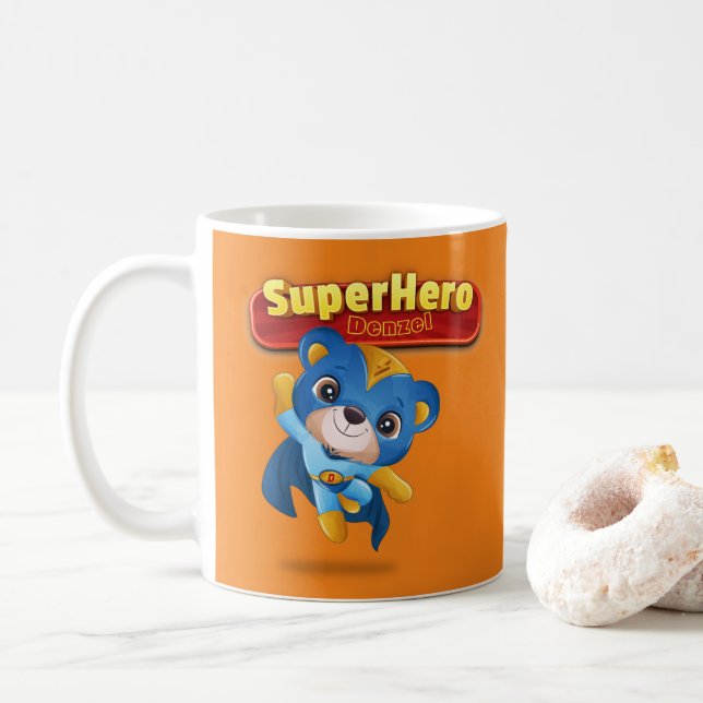 Taza De Café 🦸 ‍ ♂️ nombre personalizado Super Hero,inicial    (Con donut)