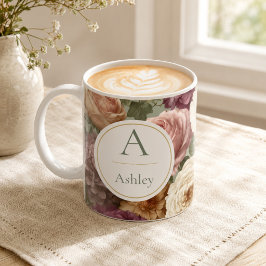 Taza De Café Nombre Personalizado y Monograma Floral Elegante