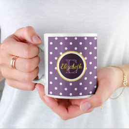 Taza De Café Nombre personalizado y punto de polka púrpura mono