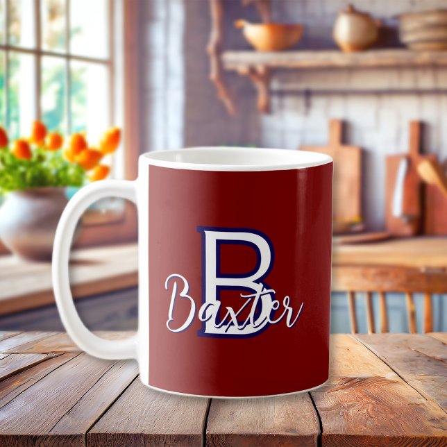 Taza De Café Nombre rojo y azul y monograma personalizado (Red White & Blue Name and Monogram Personalized Coffee Mug
)