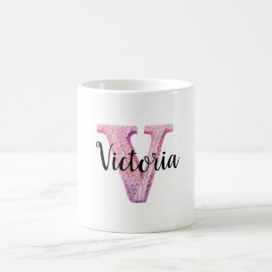 Taza De Café Nombre V de letra rosa púrpura acogedor