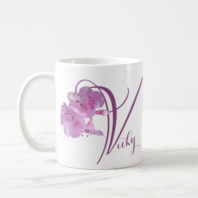 Taza De Café Nombre Vicky personalizable flores rosadas retro l (Izquierda)