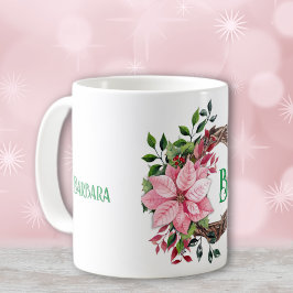 Taza De Café Nombre y número inicial o números, Poinsettia rosa