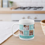 Taza De Café Nombres de Collages de fotos y nietos de la abuela<br><div class="desc">Crea un dulce sake para una querida abuela este Día de la Madre o Día de los Abuelos. Este sencillo diseño cuenta con siete de tus fotos favoritas de cuadrado o Instagram, dispuestas en un collage con cuadrados alternos en agua clara, con la leyenda "Abuela". Personaliza con fotos favoritas de...</div>