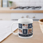 Taza De Café Nombres de Collages de fotos y nietos de la abuela<br><div class="desc">Crea un dulce sake para una querida abuela este Día de la Madre o Día de los Abuelos. Este sencillo diseño cuenta con siete de tus fotos favoritas de cuadrado o Instagram, dispuestas en un collage con cuadrados alternados en azul marino, con la leyenda "Abuela". Personaliza con fotos favoritas de...</div>