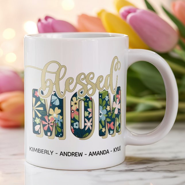 Taza De Café Nombres personalizados de niños de madres benditas (Personalized Mug for Mom)