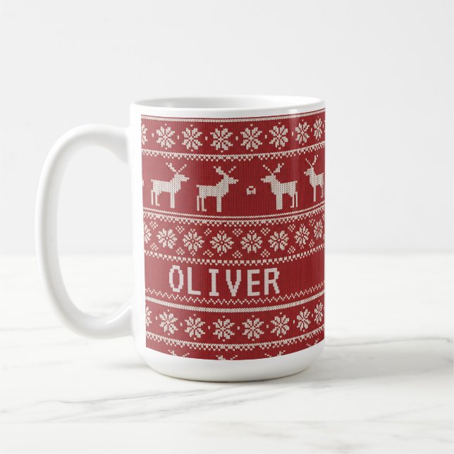 Taza De Café Nordic Reindeer Knit Pattern Personalized  (Izquierda)