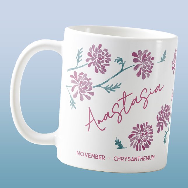 Taza De Café November Birth Flower Custom Name Chrysanthemum (Birth Month Flower November birthday personalized custom name watercolor botanical art coffee mug)