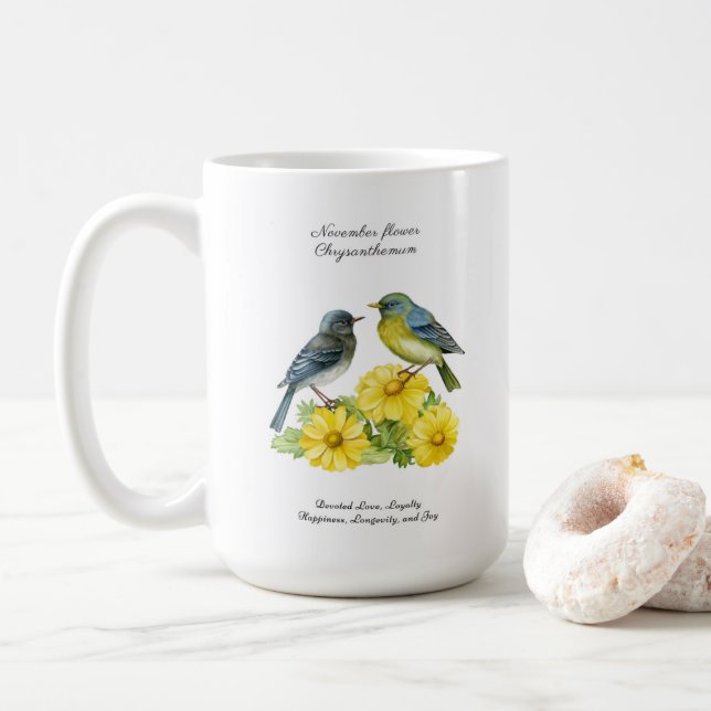 Taza De Café Noviembre Mes de Nacimiento Flor Crisantemo Aves (Con donut)