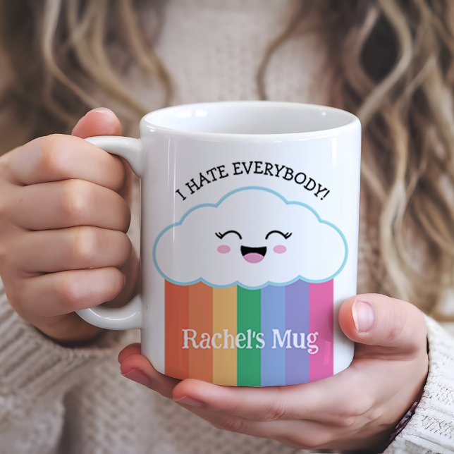 Taza De Café Nube divertida y gruñona de Kawaii y arcos de lluv (Perfect mug for those days when caffeine is the only thing keeping you from snapping!)