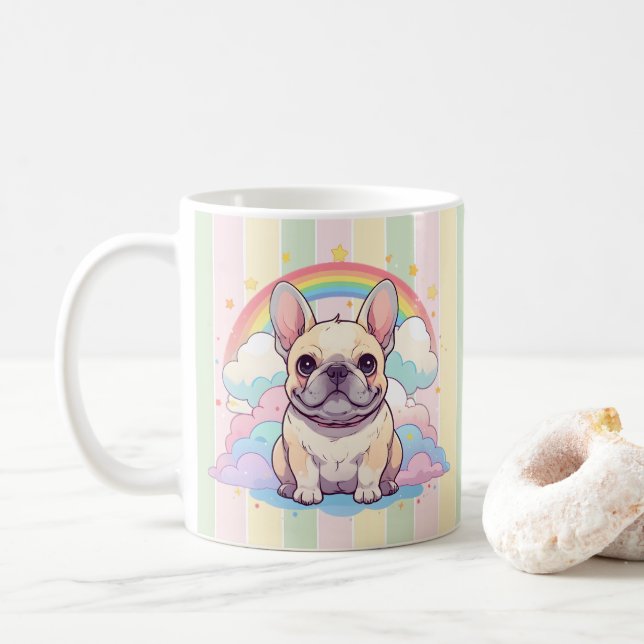 Taza De Café Nubes arcoiris del Bulldog francés kawaii (Con donut)