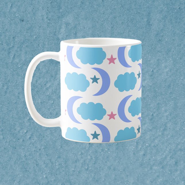 Taza De Café Nubes lunares y estrellas moradas azules (A cute mug with moons, clouds and stars in purple, blue and pink)