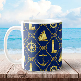 Taza De Café Nudos clásicos de la Marina Náutica, azul y dorado