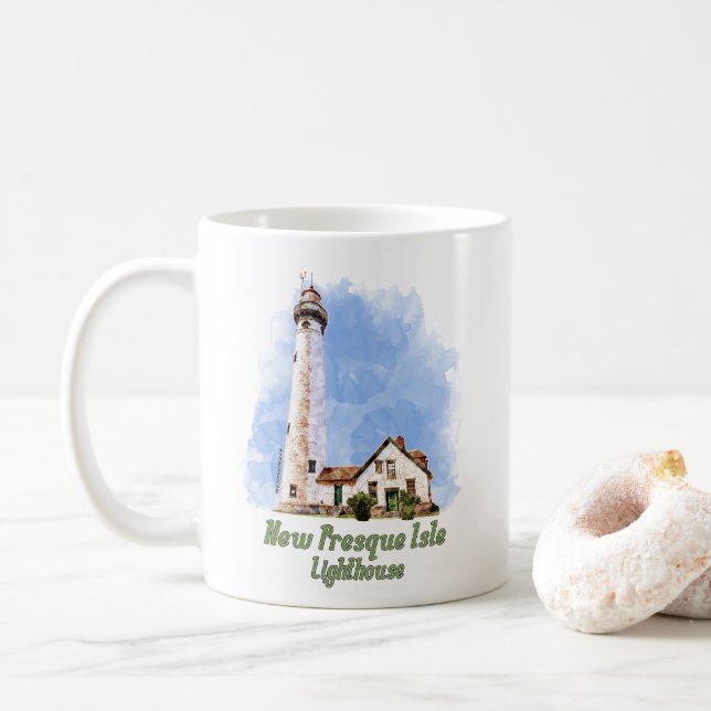 Taza De Café Nueva acuarela del faro de la Isla Presque - Michi (Con donut)