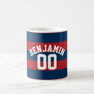 Taza De Café Número de nombres de franjas de rugby azul y rojo 