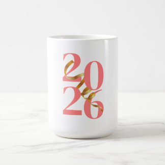 Taza De Café Números 2026 en Coral con Lazo Dorado Flotante