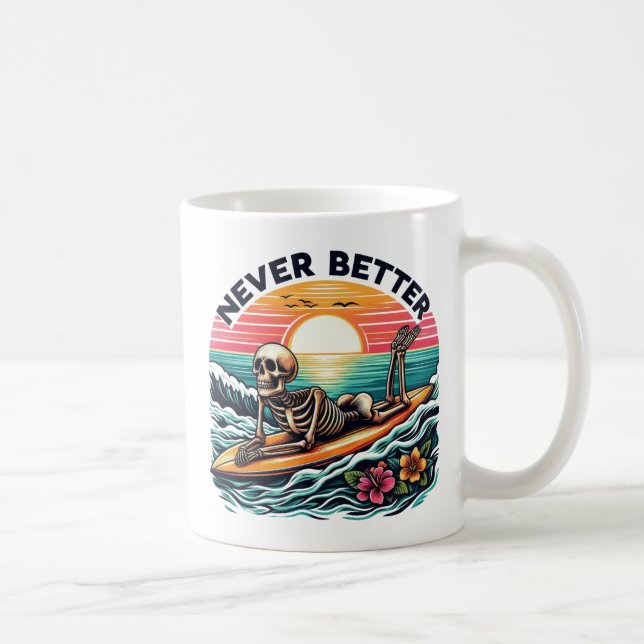 Taza De Café Nunca Mejor - Skeleton Surfing Sunset Wave Design (Derecha)