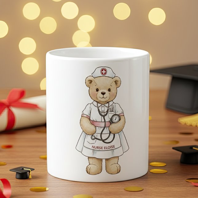 Taza De Café Nurse Teddy Bear Mug – Custom Name Gift for Nurses (Nurse coffee mug with custom name. Appreciation gift for medical staff workers on hospital. )
